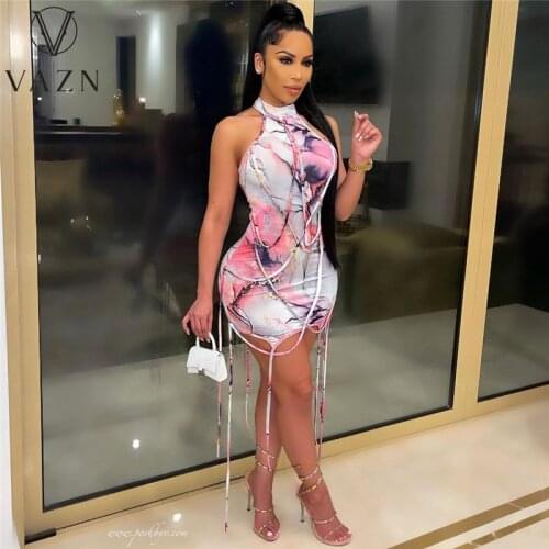 VAZN New 2021 Pleated Chic Ladies Slim Elegant Female Dress Women Deep Female Ladies Sleeveless Deep Dress Sexy Mini Beach Dress