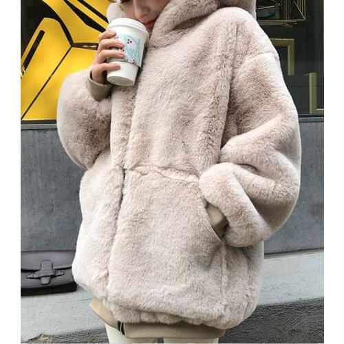 Obrix Trendy Cool Female Faux Fur Coat Hooded Loose Streetwear Fashion Casual Fur Coat For Women