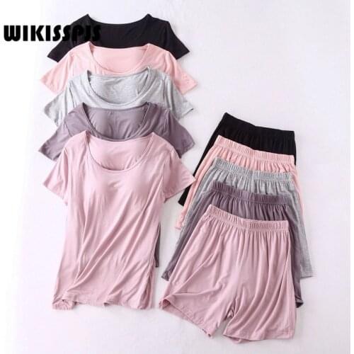 WIKISSPJS Summer Thin Short Sleeve Shorts with Bra Pajamas Womens Korean Two Piece Suit Pajamas for Teen Girls Sleepwear