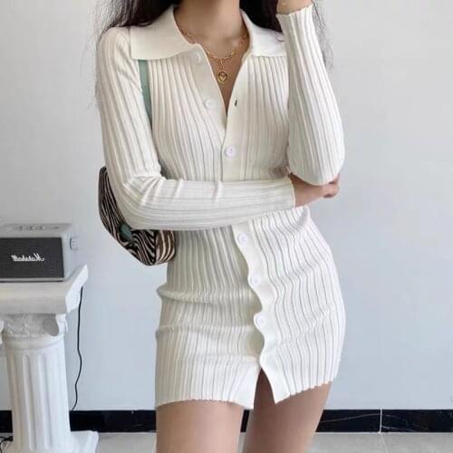 Winter Dress Women Clothing Streetwear White Turn-Down Collar Single Breasted Long Sleeve Slim Knit Dress Baddie Clothes Y2k