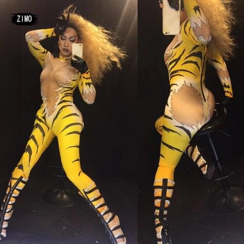 Sexy One Piece Rhinestone Jumpsuit Women Tiger Print Stretch Leotard Stage Dance Costume Nightclub Bar Dj Singer Bodysuit Outfit