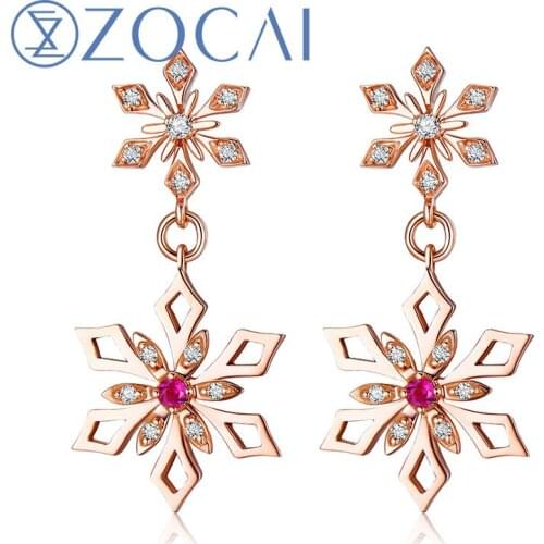 ZOCAI New Arrival ICE and FIRE Series 0.09 Ct Real Diamond with 0.03 Ct real Ruby 18K Rose gold Drop Earrings JBE90106T