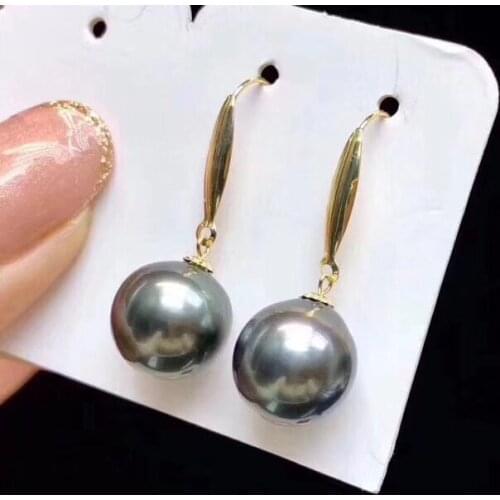 D424 Pearl Earrings Fine Jewelry Solid 18K Gold Round 8-9mm Ocean Sea Water Tahiti Black Pearls Drop Dangle Earrings for Women