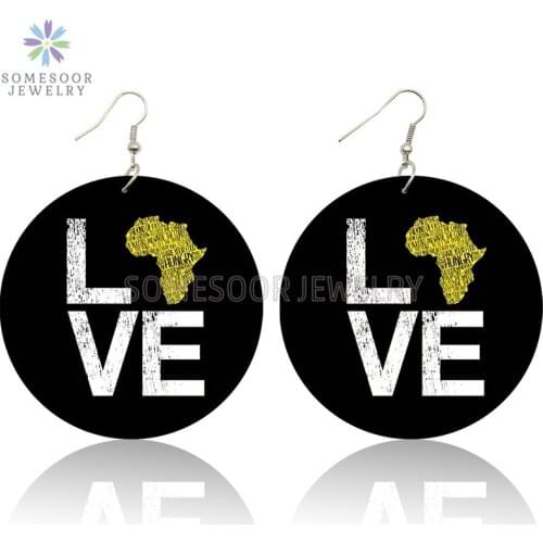 SOMESOOR Love African Dope Locs Black Artstic Wooden Drop Earrings Vintage Double Sides Printed Wood Dangle Loops For Women Gift