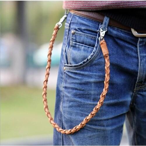 Zalzyywb 1PCS PU Belt Chain Men Trouser Jeans Key Chain Wallet Chain Hook Leather Braided Chain Free King rings