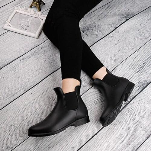 43 Big Size Pvc Water Shoes Women Waterproof Ankle Boots Chelsea Rainboots for Women Black Slip On Ankle Boots for Rain