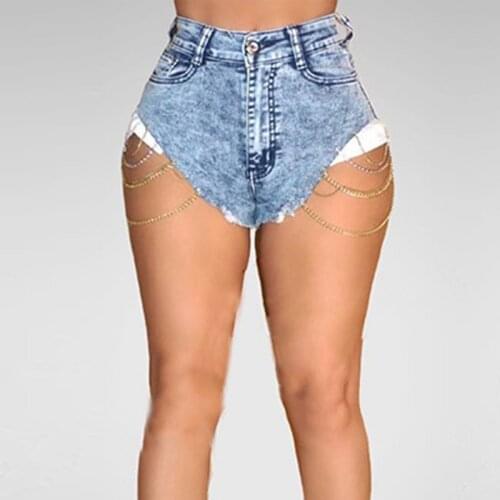 2020 Fashion Sexy Casual Denim Short Jeans With Chain Summer High Waist Cool Punk Shorts Women Ripped Vintage Club Shorts Jeans