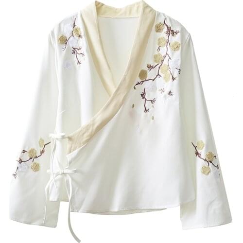 Hanfu Cardigan for Women Summer New Floral Embroidery V-Neck Chiffon Chinese Style Tops Fashion Vintage Style Loose Coat Top