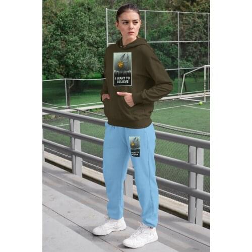 Angemiel Wear I Want To Believe Women Tracksuit Set Green Hooded Sweatshirt Blue Sweatpants