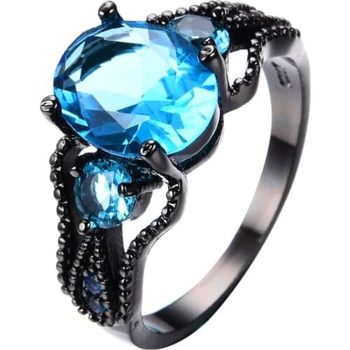 Luxury Female Aqua Blue Crystal Ring Vintage 14KT Black Gold Wedding Rings For Women Charm Oval Zircon Stone Engagement Ring