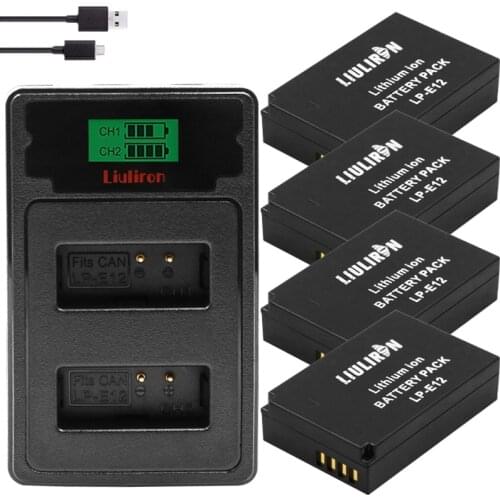 4Pcs 2100mAh LP-E12 LP E12 LPE12 Li-ion Battery + LCD USB Dual Charger for Canon EOS M50, EOS M100,100D Kiss X7 Rebel SL1 Camera