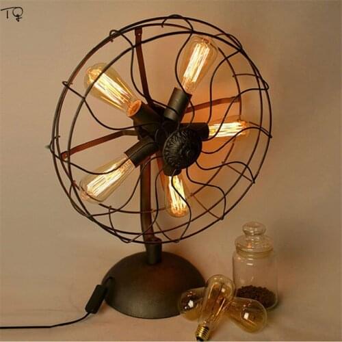 American Country Retro Vintage Electric Fan Table Lamp Iron Industrial Led Desk Lights Restaurant Study Living Room Bedroom Lamp