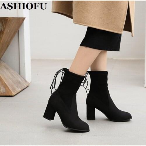 ASHIOFU New Real Photos Handmade Block Heels Boots Shoelace-deco Party Prom Faux-suede Ankle Booties Large Size Fashion Boots