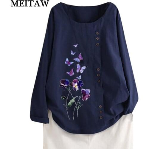 5XL 2020 Vintage Women Blouses Plus Size Cotton Linen Shirts Casual Long Sleeve Printed Button Tops blusas mujer