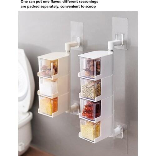 Household paste type wall mounted rotary transparent seasoning box, kitchen seasoning storage, with spoon, no hole installation
