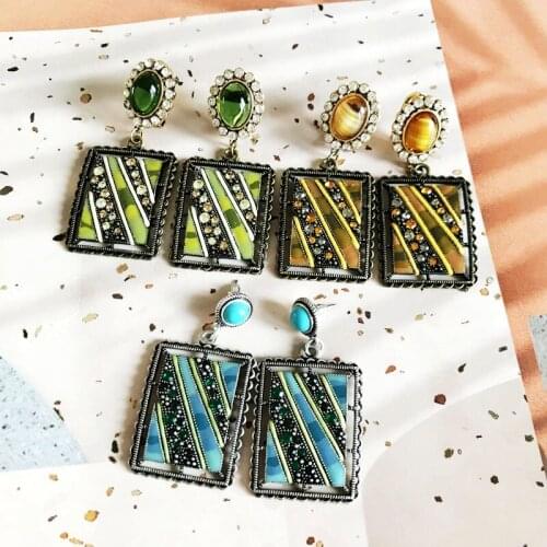 Statement Stud Earrings Rectangle Splicing Enamel Rhinestone Pendant Piercering Jewelry Party Accessories