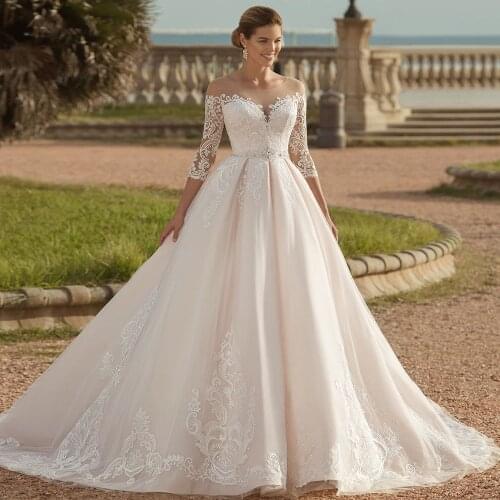 HERBURNL Women 's Elegant Wedding Gown Dresses Long Length Chiffon A Line Lace Illusion Applique Robe Stylish Fashion