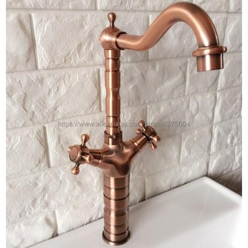 Retro Style Double Handle Kitchen Faucet Tap Antique Red Copper Hot and Cold Water Tap 360 Degree Rotating Nrg055