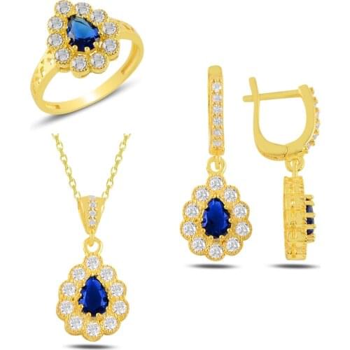 Silver Sapphire Stone Set , Gold Plated Hürrem Set , Ottoman Jewelry , Made of 925 Sterling Silver