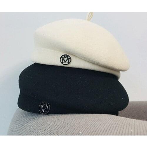 New Classic Ladies Beret Boina Hat Fancy Wool Felt Hat Warm Winter Hat Cap White Black Women Fedoras Fascinator Skullies Beanies