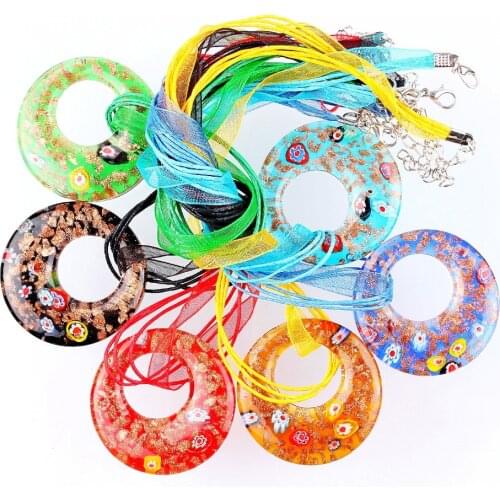 Hot Wholesale 6pcs handmade Murano Lampwork Glass Mixed Colorful Gold Sand Round Millefiori Pendants Charms Necklaces