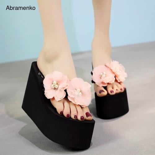 Platform Slippers Flip-Flops Women Wedge Flower pearl Beach Super High Heel 11CM Slippers Women Bohemian Shoes Plus Size 35-41