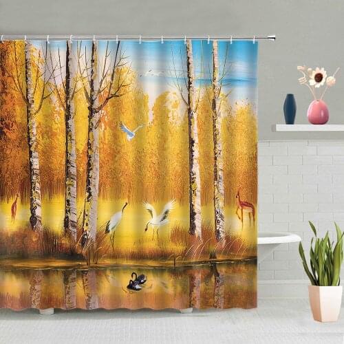 3D Three-dimensional Bathtub Decoration Autumn Yellow Forest Natural Scenery Shower Curtain Waterproof Polyester With Hooks