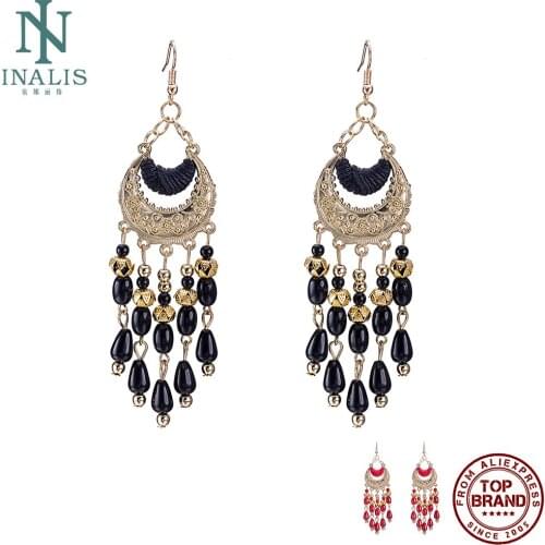 INALIS Exaggeration Style Long Tassel Drop Earrings For Women Resin Alloy Retro Earring Korean Wind Fashion Jewelry Sale 2021