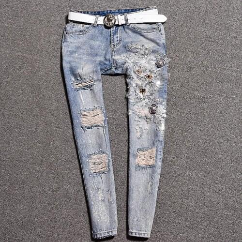 New Fashion Jeans Women Pencil Pants hole Embroidered Bead Jeans Slim Elastic Skinny Lady Jeans