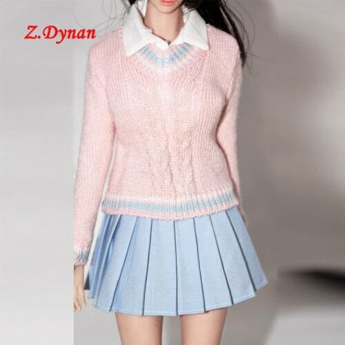 1/6 Female white Casual sweater Outer shirt school uniform pink pleated skirt for 12 inch Jiaou doll TBLeague Body Figures Body