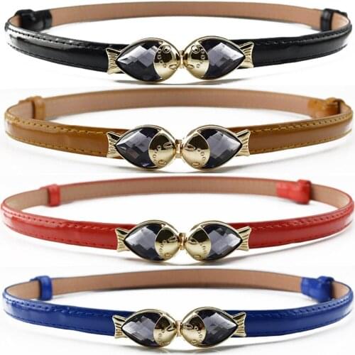 Women Metal Gold Fish Buckle Skinny Belt Faux Leather Adjustable Dress Waistband BLTHG0011