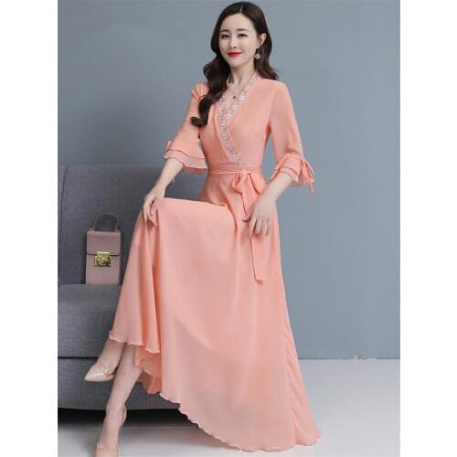 Embroidered French Chiffon Dress 2021 New Spring Noble Elegant Temperament Retro Summer Mid-Length Dress V-Neck Vestidos zh399