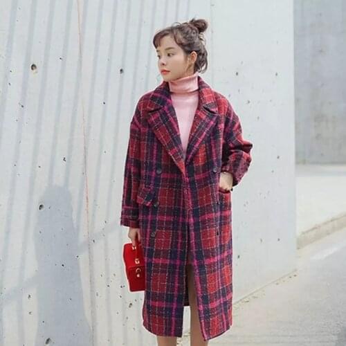 Women Winter New Fashion High Quality Woolen Coat Fashion Plaid Warm Double Breasted Turn Down Collar Casual Outwears