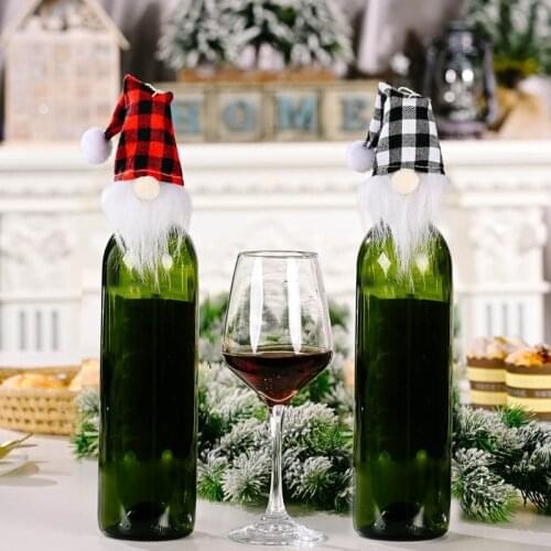 4 Pcs Plaid Hat Gnome Head Christmas Wine Bottle Cover Xmas Decor Wine Bottle Bags Christmas Tree Pendant Reusable