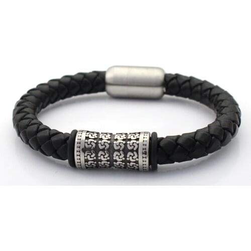 8MM Genuine Braided Leather Bracelet Never Fade 316 Stainless steel Charms Long Bead Bracelets with Magnet Clasp Men Wristband