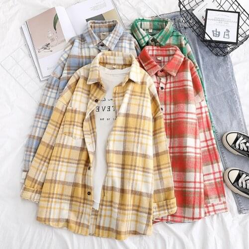 Women Plaid Blouse Tops Batwing Long Sleeve Casual Pocket Shirt Female Turn Down Collar Loose Office Wear Tunic Outwear
