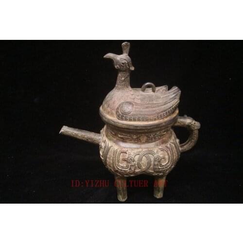 YIZHU CULTUER ART large Collecting Ancient China Bronze Carved Phoenix Beast Wine Pot Jar H11 inch