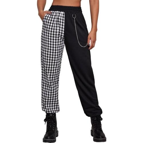 Women Plaid Patchwork Cargo Pants Punk Harajuku High Waist Baggy Street Hip Hop Sports Casual Trousers Joggers Sweatpants