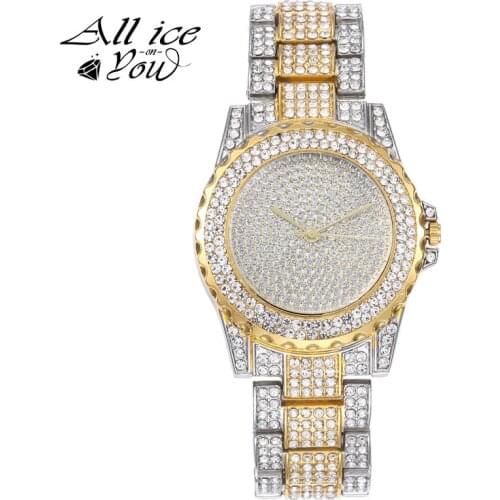 ALLICEONYOU Iced Out Micro Pave Cubic Zirconia Finish Watches Hip Hop Personality Stainless Steel Watches For Gift