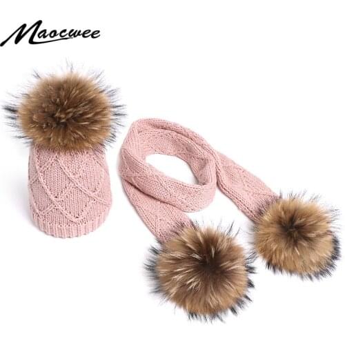 2019 New Real Fur Pompom Children Knit Hat Scarf Sets Winter Outdoor Warm Boy Girl Cotton Fashion High Quality Beanie Scarf Suit