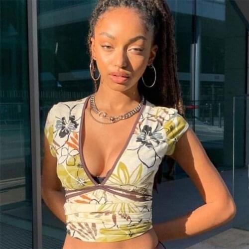 Dourbesty 2021 Summer T-shirt Women’s Casual Short Sleeve Fashion Floral Exposed Navel Slim Fit Pullover Tops Street Chic Tees