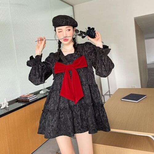 FONELY FAIRY Kawaii Autumn 2021 New Sweet Style French Small Black Dress High Sense Relief Broken Pattern Material Bow Dress