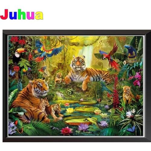 Picture Of Rhinestone Jungle Tiger Parrot Lake 5d Diy Diamond Painting Full Square Round drill Mosaic Set Embroidery Animals