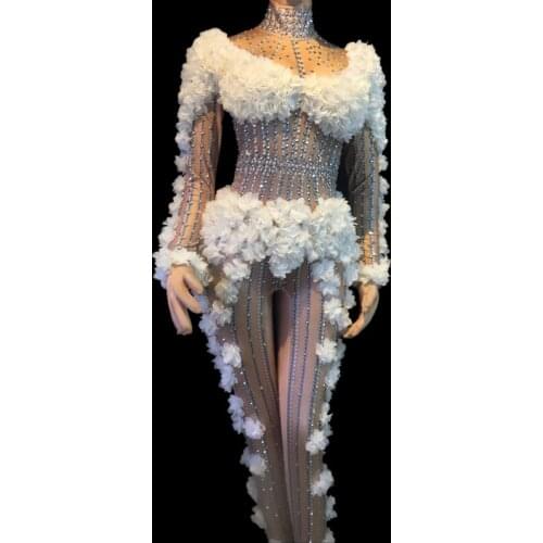 Nightclub Singer DJ DS Performance Outfits Adult Women Stage Costume Pink Flowers Crystals Jumpsuit Stretch Rhinestones Bodysuit