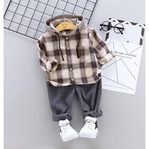 IENENS Baby Clothing Sets Boys Casual Plaid Clothes Children Long Sleeve Hooded Shirts + Pants Suit Kids Outing Wear Outfits