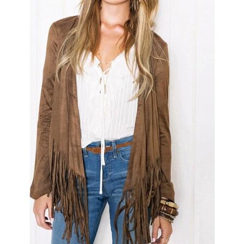 Women Faux Suede Long sleeve Hem Fringe Tassel Jacket Womens Multi-size Jackets Coats Spring Autumn Cardigan casaco feminino