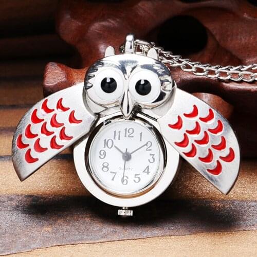 Cute Owl Shape Design Quartz Pendant Pocket Watch With Necklace Chain Best Gift For Children Girls
