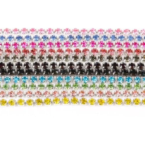 New 1m/lot ss6 2mm High Density Flatback Rhinestone Chain Sew-On Glue-On Silver Base Claw Rhinestone Trim DIY Decor Accessories