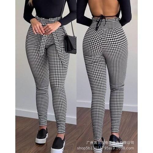2021 summer new black houndstooth pattern high-waist lace-up tights pants