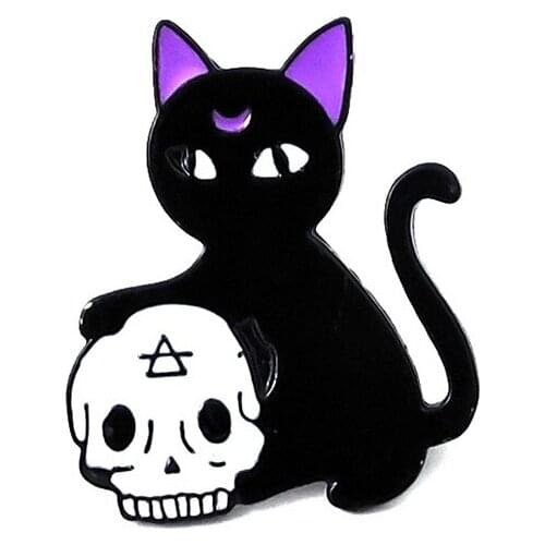 New Fashion Black Cat Pins Skull Head Brooch значки Shirt Bag Lapel Badge Enamel Pin for Gift